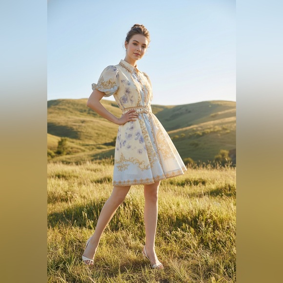 Baroque Scrollwork Floral Mini Dress with Pearl Belt - Taelynn